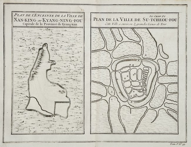 Jacques-Nicolas Bellin – Map of the Walls of Nan-King & Sú-Tcheou-Fou (Nanjing): This copper engraving is a composite map featuring two separate city plans for cities in China. The left panel, Plan de l'Enceinte de la Ville de Nan-King (Nanjing), shows the extensive and irregular