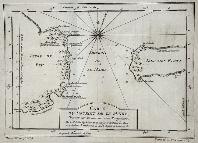 Jacques-Nicolas Bellin – Map of the Strait of Le Maire (Argentina) - Copper engraving: This copper engraving is a detailed nautical chart titled Carte du Detroit de Le Maire, illustrating the strait separating Tierra del Fuego from the Isle des États (Staten Island) at the southern tip