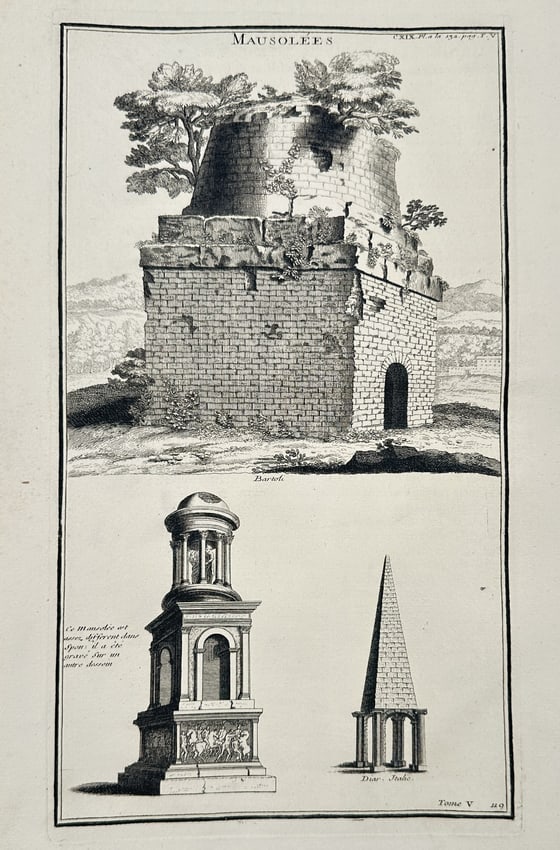 Bernard de Montfaucon (1655–1741) – Roman Mausoleums and Monuments - engraving: This engraving illustrates three distinct ancient Roman funerary monuments. The primary illustration features a massive, partially ruined circular tomb with heavy stone masonry and arched openings, se