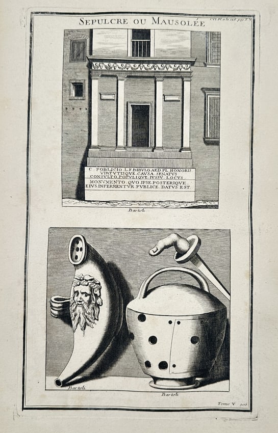 Bernard de Montfaucon (1655–1741) – Sepulchre and Ritual Vessels – engraving: This engraving illustrates an ancient Roman funerary monument alongside specific ritualistic objects. The left panel displays the architectural facade of a sepulchre featuring a prominent Latin inscri