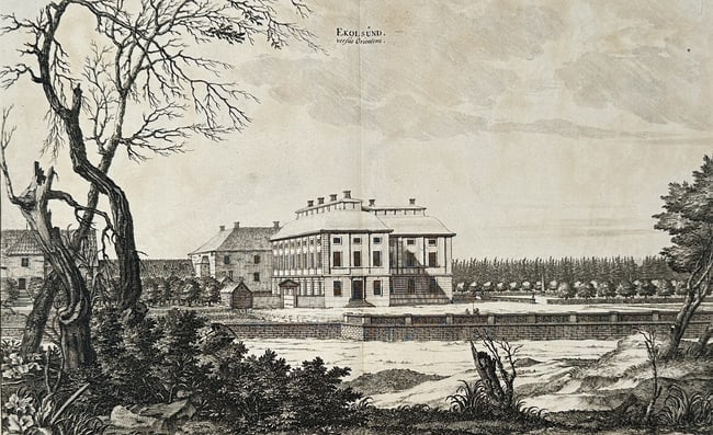 Erik Dahlbergh – Tinoön: Palace Views (Råby Säteri in Sweden) – Engraving: This engraving is a double topographical view of Tinoön, the old name for the grand manor house and estate of Råby Säteri in Sweden. The upper panel shows the palace facade in a symmetrical arrange