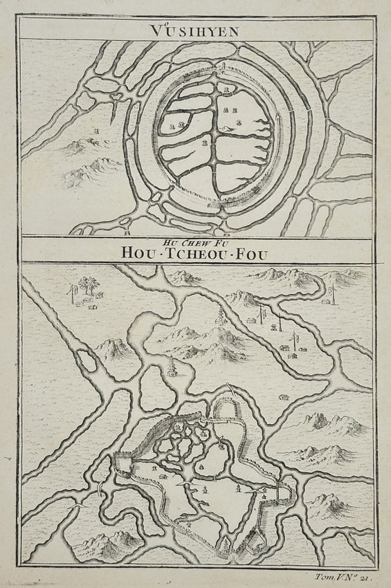 Jacob van der Schley – Set of Two: Plans of Chinese Cities (Vusiuyien) - Engraving: This Engraving is a dual-view map plate, likely from the travel series Histoire Générale des Voyages, compiled by Abbé Prévost. The plate is titled with the names of two cities in China. The upper