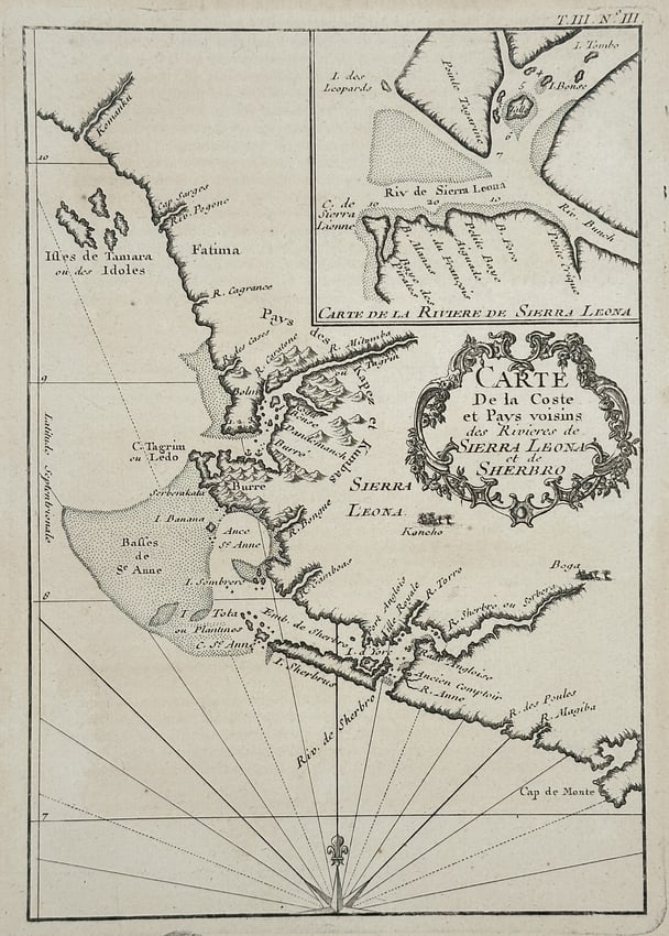 Jacob van der Schley – Map of the Coast and Neighbouring Countries - Engraving: This Engraving is a detailed historical cartographic chart of the coast of Sierra Leone, titled Carte de la Coste et Pays Voisins de la Riviere Sierra Leona et de Sherbro (Map of the Coast and Neighbo