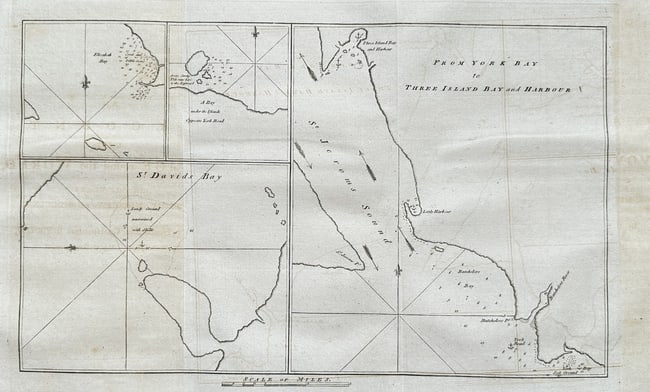 Captain James Cook (1728–1779) – Map of Various Bays and Harbours – Engraved: This detailed engraved chart features multiple smaller inset maps or charts, providing hydrographic views of various bays and harbors. The prominent charts include "FROM YORK BAY TO THREE ISLAND BAY A