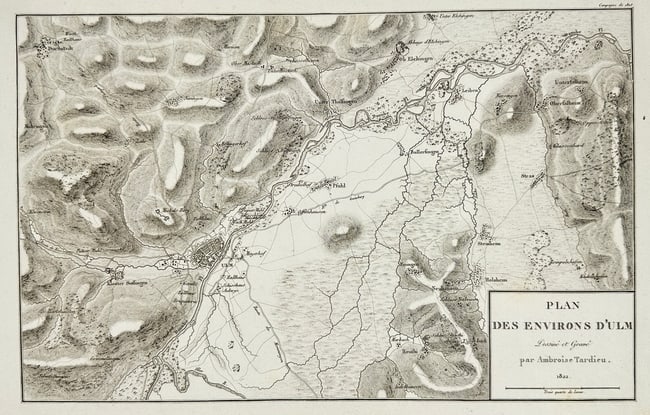 Ambroise Tardieu – Map of the Environs of Ulm, Baden-Württemberg – Copperplate Engraving: This detailed copperplate engraving by Ambroise Tardieu depicts the strategic surroundings of Ulm in Baden-Württemberg. Issued in 1822 as part of Précis des événements militaires by General Count