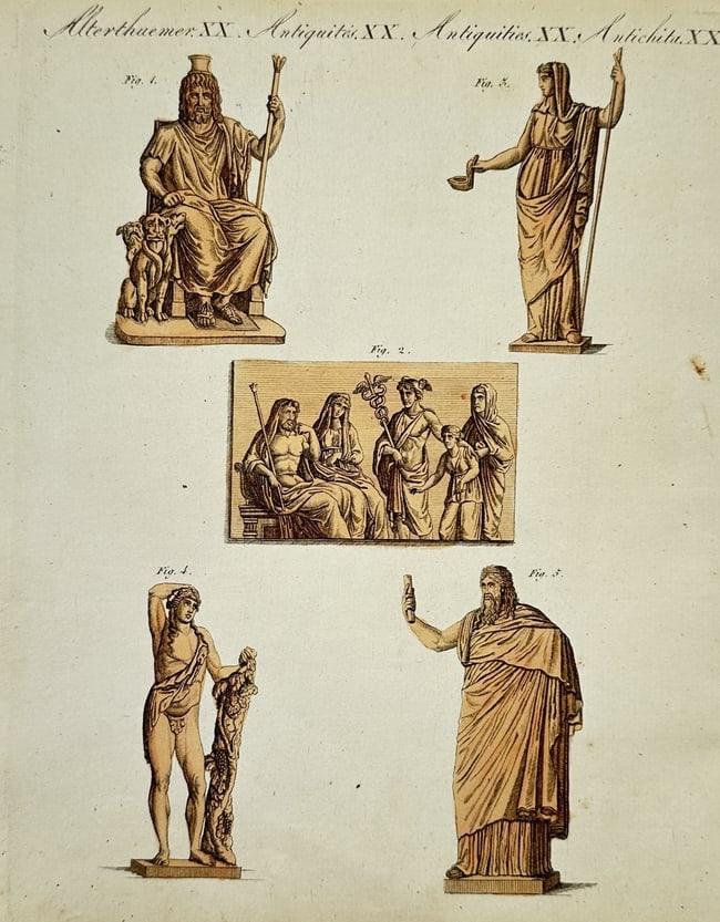 Friedrich Justin Bertuch – Ancient Statues and Relief – Hand-coloured engraving: "Ancient Statues and Relief" presents a comparative study of classical sculpture and antiquities. The plate features five distinct figures including a seated male deity with a staff and a three-headed