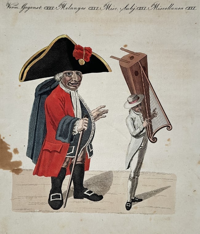 Friedrich Justin Bertuch – The Peruvian Giant – Hand-coloured engraving (1801): "The Peruvian Giant" depicts two male figures standing on a flat ground against a plain background. The primary figure is a man of large proportions dressed in a vibrant red coat with blue cuffs, a wh