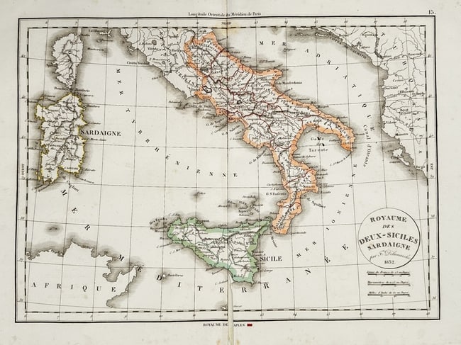 Félix Delamarche (1805–1865) – Map of the Kingdom of the Two Sicilies and Sardin - Engraving (1 of 2)