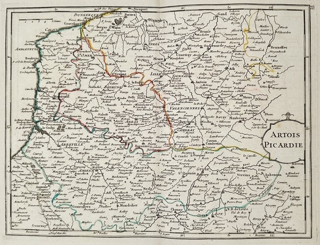 Georges-Louis Le Rouge – Map of Artois and Picardy – Hand-colored engraving: This hand-colored engraving is a map of the regions of Artois and Picardy, historical provinces located in the north of France. The map details the administrative boundaries, cities, towns, and rivers