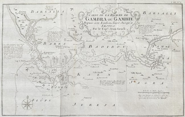 Jacques-Nicolas Bellin – Map of the Gambia River from its Mouth to Eropina - Copper Engraving: This detailed hydrographic map charts the navigable course of the Gambia River (Riviere de Gambra ou Gambie) from its mouth on the Atlantic coast inland to the settlement of Eropina. The map includes
