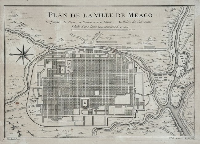 Jacques-Nicolas Bellin – Plan of the City of Meaco, Capital of the Empire of Jap: This Engraving is a detailed historical urban plan, likely a plate from the comprehensive travel series Histoire Générale des Voyages. The map is titled Plan de la Ville de Meaco (Plan of the City o