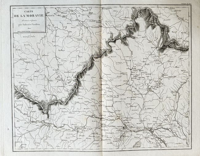 Ambroise Tardieu (1788–1841) – Map of Moravia (Czech Republic) – Engraving: This black and white historical map, titled "Carte de la Moravie" (Map of Moravia), depicts the historical region of Moravia (part of the modern-day Czech Republic) within the Austrian Empire. The top