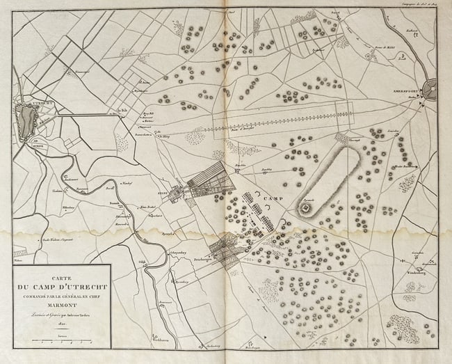 Ambroise Tardieu (1788–1841) – Map of Netherlands - the Camp of Utrecht – Engraving: This detailed engraving, titled "CARTE DU CAMP D'UTRECHT COMANDÉ PAR LE GENERAL EN CHEF MARMONT." (Map of the Camp of Utrecht, Commanded by General-in-Chief Marmont.), was designed and engraved by Am