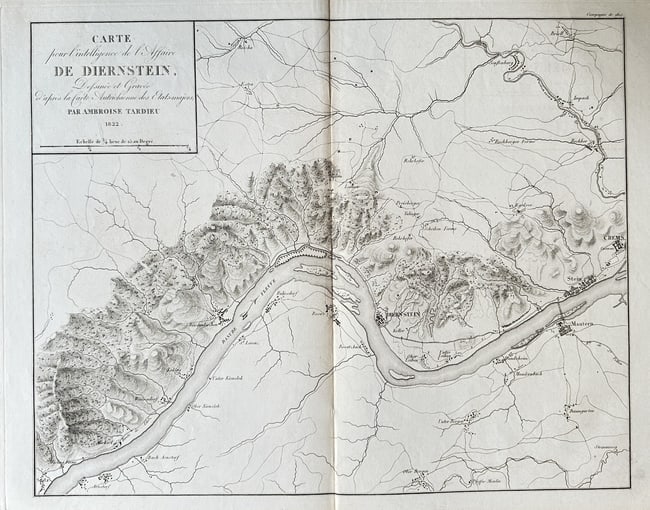 Ambroise Tardieu (1788–1841) – Map for Understanding the Affair of Dürnstein: This black and white historical map is titled "Carte pour l'intelligence de l'affaire de Diernstein" (Map for understanding the affair of Dürnstein) and depicts the area surrounding the town of Dürn