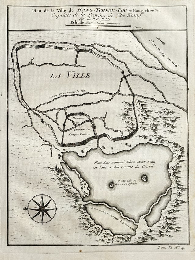 Antoine François Prévost (1697–1763) – Plan of the City of Hangzhou, China - Engraving: This detailed urban plan is titled Plan of the City of Hangzhou, China (Plan de la ville de HANG-TCHEOU FOU), illustrating the capital of the Che-Kiang (Zhejiang) province. The map delineates the fort