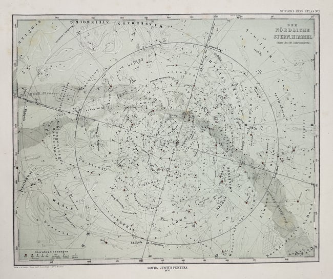 Adolf Stieler (1775–1836) – Map of the Northern Starry Sky – Colored steel engraving (1 of 2)