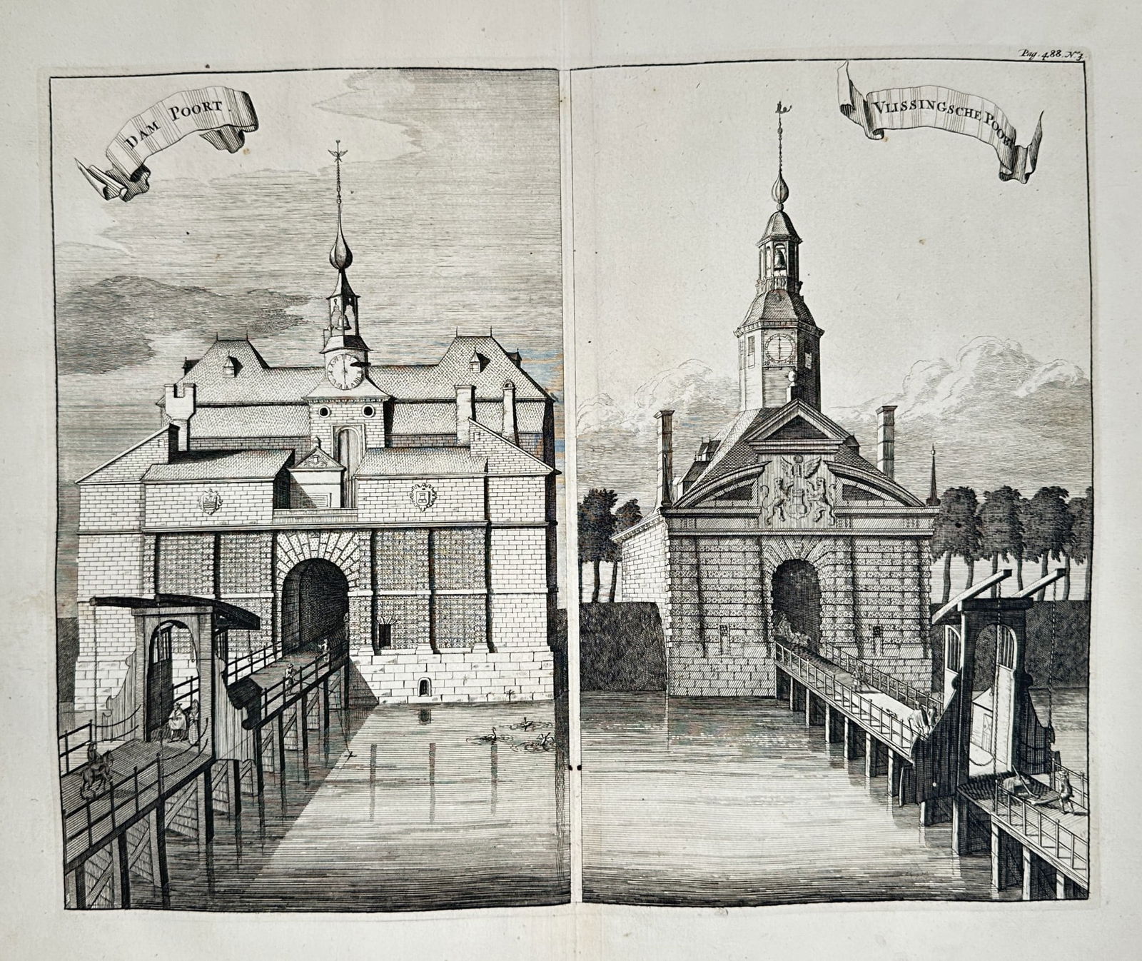 Daniel Stoopendaal (1672–1726) – The Dam Gate and the Vlissingen Gate - Copperplate engraving (1 of 2)