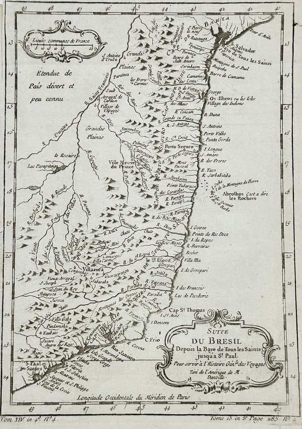 Jacques-Nicolas Bellin – Map of Brazil from Todos os Santos Bay to São Paulo - Engraving: This engraving is a highly detailed topographical map titled "SUITE DU BRÉSIL Depuis la Baye de Tous les Saints Jusqu'à S. Paul" (Continuation of Brazil from the Bay of All Saints up to São Paulo).