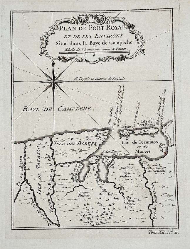 Jacques-Nicolas Bellin – Map of Port Royal and its Environs, Bay of Campeche- Engraving: This engraving is a highly detailed topographical map titled "PLAN DE PORT ROYAL ET DE SES ENVIRONS Situé dans la Baye de Campeche" (Plan of Port Royal and its Environs Situated in the Bay of Campech