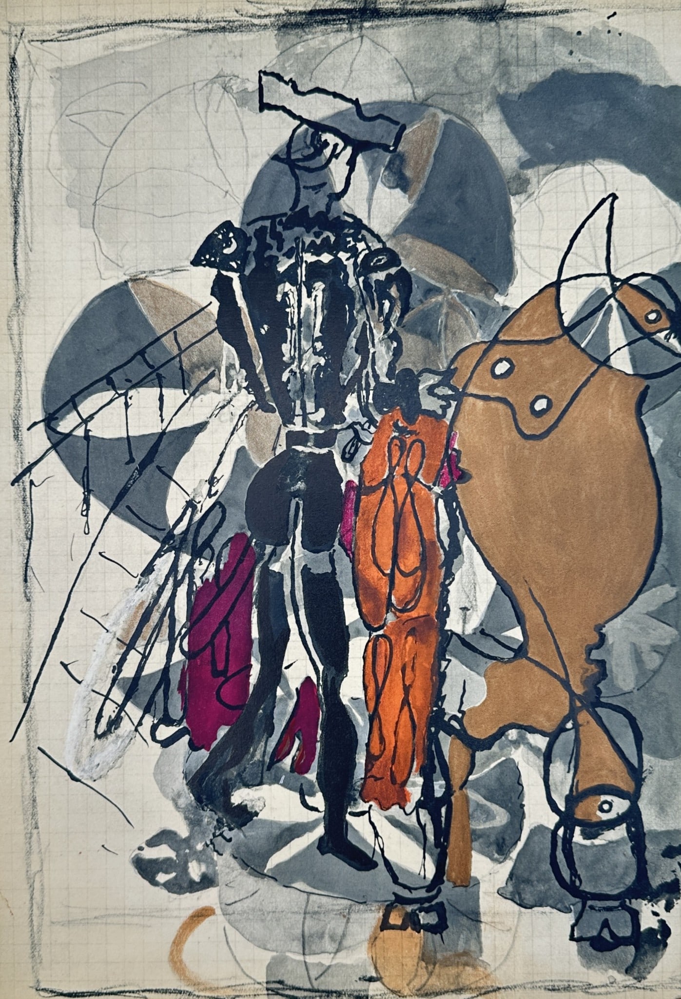Georges Braque (1882–1963), after – The Matador – Offset print (20th Century): "La Tauromachie" depicts a matador in traditional costume standing beside a bull. The composition features a figure in black and white with a pink sash and an orange cape, positioned next to a brown b