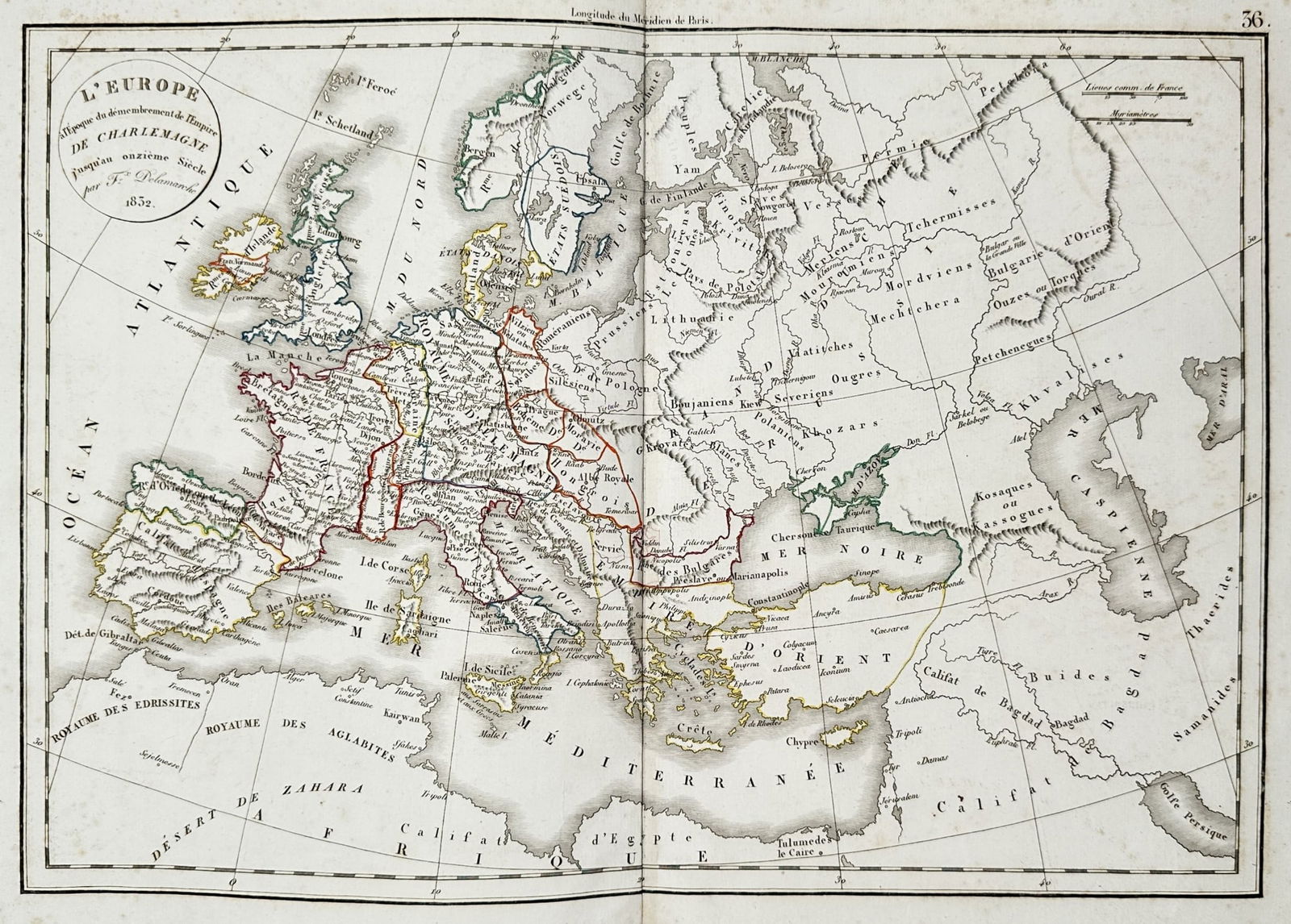 Felix Delamarche (active 1815–1850) – Map of Europe under Charlemagne – Europe: "L’Europe après le démembrement de l'Empire de Charlemagne" depicts the political divisions of the European continent as they existed from the ninth to the eleventh centuries. The composition outl