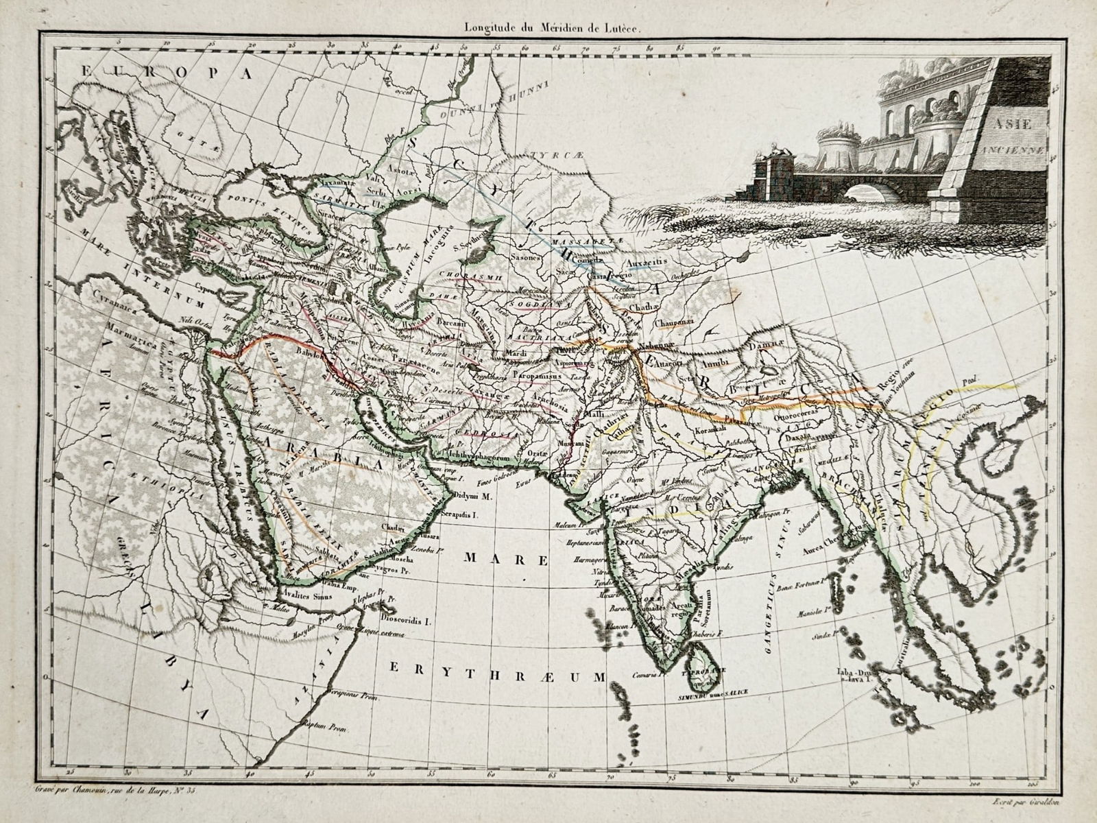 Conrad Malte-Brun (1775–1826) – Map of Ancient Asia – Asia – Engraving (1812): "Asie Ancienne" depicts the geographical regions of the Asian continent as known during antiquity, stretching from the eastern Mediterranean to Southeast Asia. The composition highlights major histori
