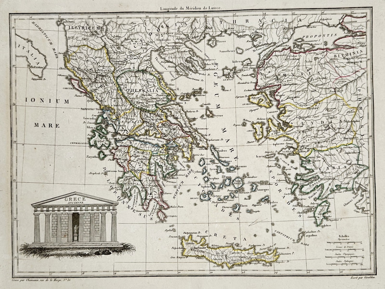 Conrad Malte-Brun (1775–1826) – Map of Ancient Greece – Europe – Engraving: "Grece Ancienne" depicts the geography of the Greek peninsula and the Aegean islands during antiquity. The composition includes detailed regions such as Thessaly, Attica, and the Peloponnese, with coa