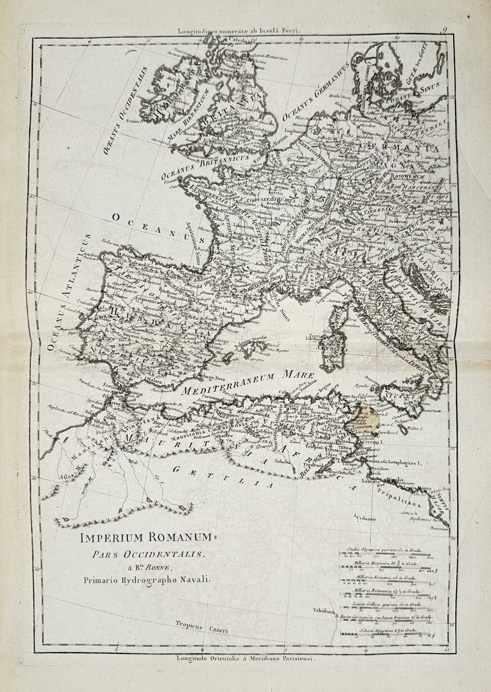 Rigobert Bonne (1727-1794) – Map of the Western Roman Empire – Western Europe – Engraving: "Imperium Romanum. Pars Occidentalis." depicts the western territories of the Roman Empire, featuring portions of Europe and North Africa. This engraving was created for the Atlas de toutes les partie