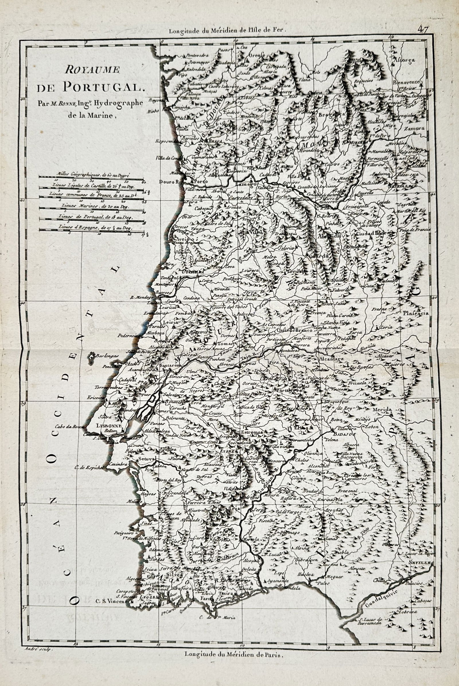 Rigobert Bonne (1727-1794) – Map of the Kingdom of Portugal – Portugal – Engraving (1780) (1 of 2)