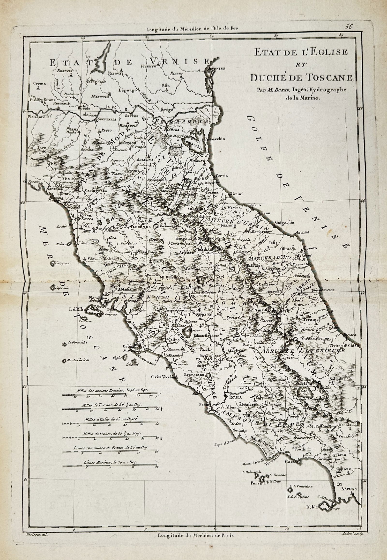 Rigobert Bonne (1727-1794) – Map of the Papal States and Duchy of Tuscany – Italy – Engraving (1 of 2)