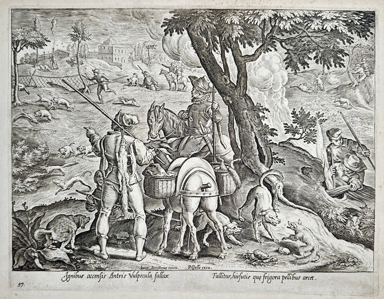 Johannes Stradanus (1523–1605) – Hunting Scene with Fox – Engraving (16th Century): "Ignibus accensis Antris Vulpecula fallax" depicts a scene from a hunting series where participants use fire to drive a fox from its den, while a horseman and hounds wait to continue the hunt. The wor
