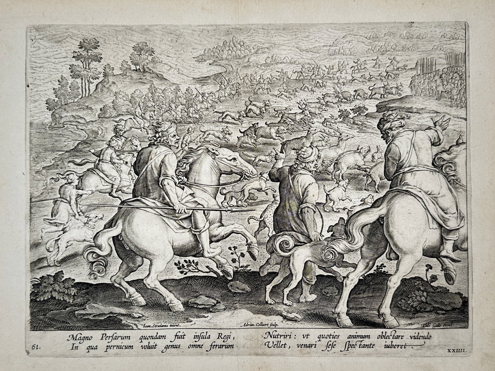 Johannes Stradanus (1523–1605) – Hunting Scene in the Persian King's Reserve – Engraving: "Magno Persarum quondam fuit insula Regi, In qua pernicum voluit genus omne ferarum" depicts a large-scale hunting scene within an enclosure, featuring numerous riders, hounds, and a variety of wild a