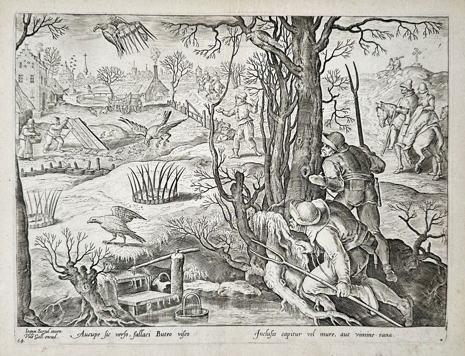 Johannes Stradanus (1523–1605) – Hunting Scene with Birds of Prey – Engraving (16th Century) (1 of 2)