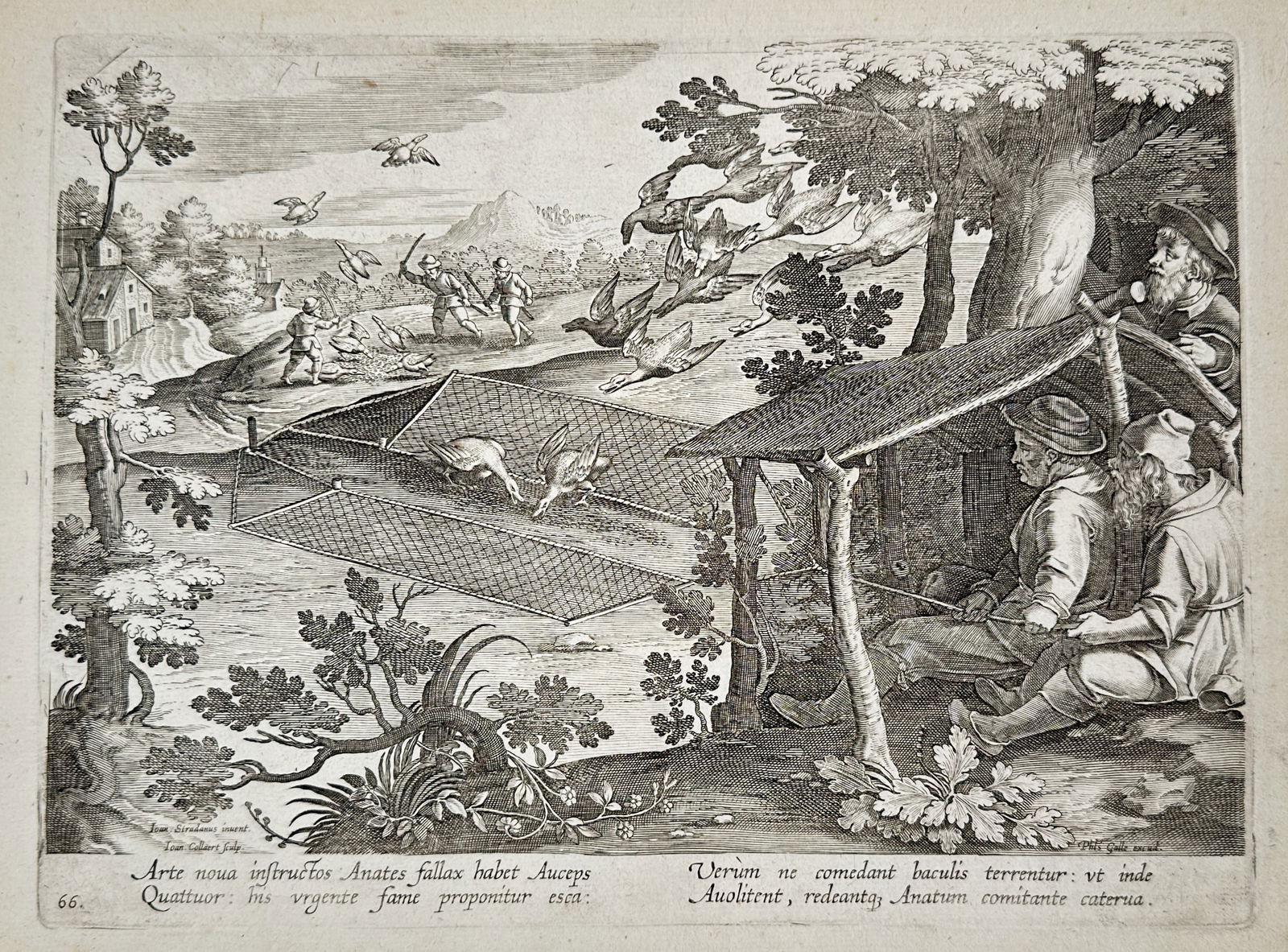 Johannes Stradanus (1523–1605) – Hunting Scene with Decoy Ducks – Engraving (16th Century) (1 of 2)