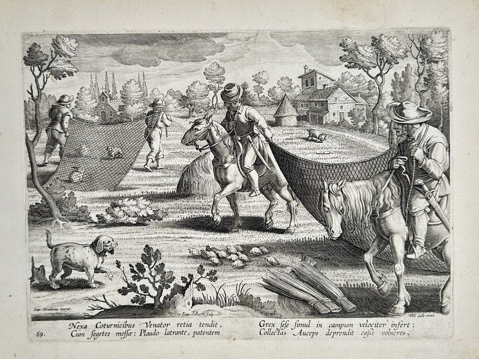 Johannes Stradanus (1523–1605) – Hunting Scene with Quail and Nets – Engraving (16th Century): "Nexa Coturnicibus Venator retia tendit" depicts a hunting scene where hunters use nets spread across a harvested field to trap quail, while riders and a dog participate in the operation. The print in