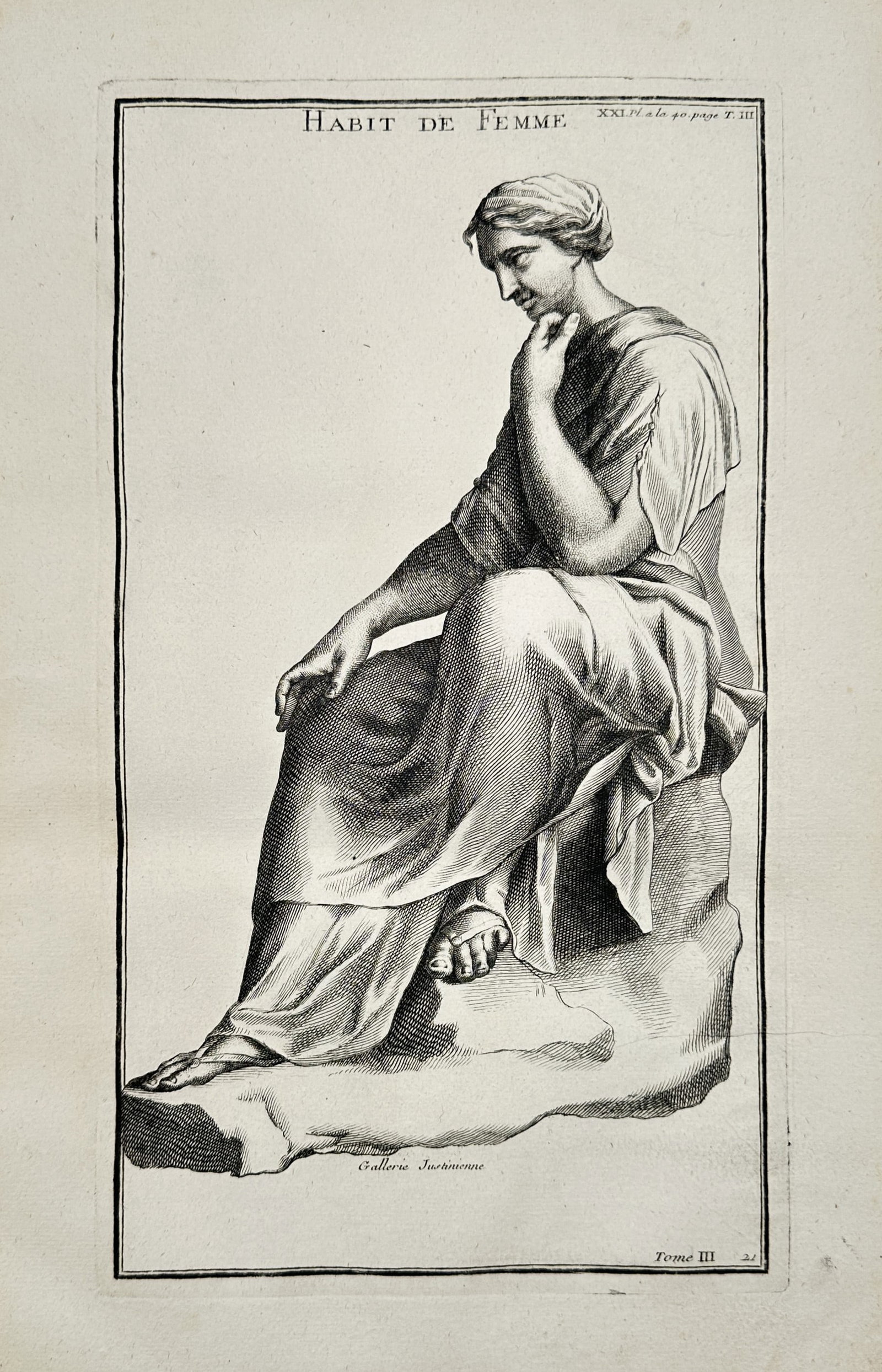 Bernard de Montfaucon (1655-1741) – Engraving of Habit de Femme – Engraving (1719): "HABIT DE FEMME" illustrates a classical female figure in seated repose, dressed in traditional drapery. This engraving is a plate from the multi-volume work L'Antiquité expliquée et représentée e