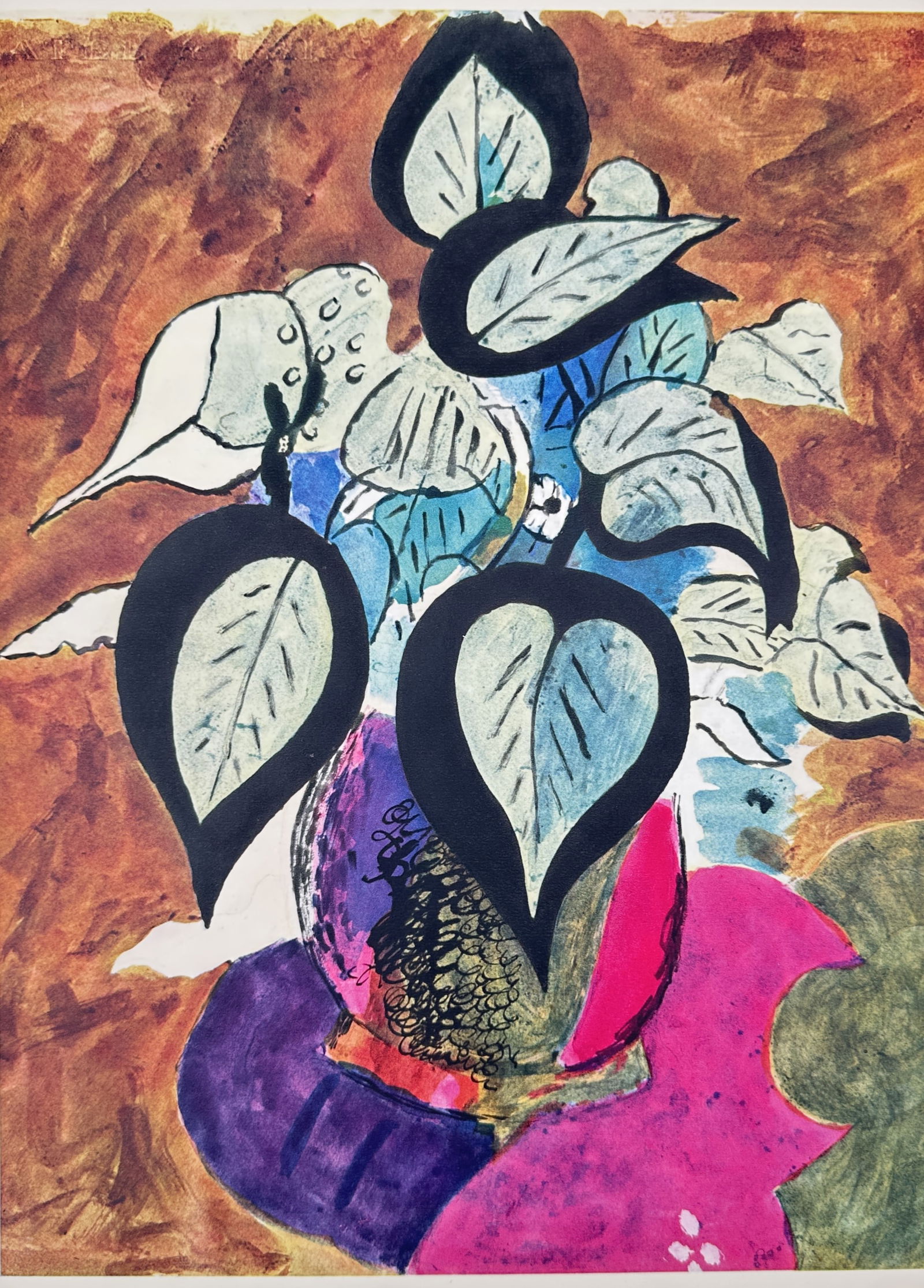 Georges Braque (1882-1963), after – Still Life with Leaves – Offset print (20th Century): "Still Life with Leaves" depicts a colorful arrangement of foliage in a vessel, reflecting the distinct structural style associated with the artist. Georges Braque (1882-1963) was a major 20th-century