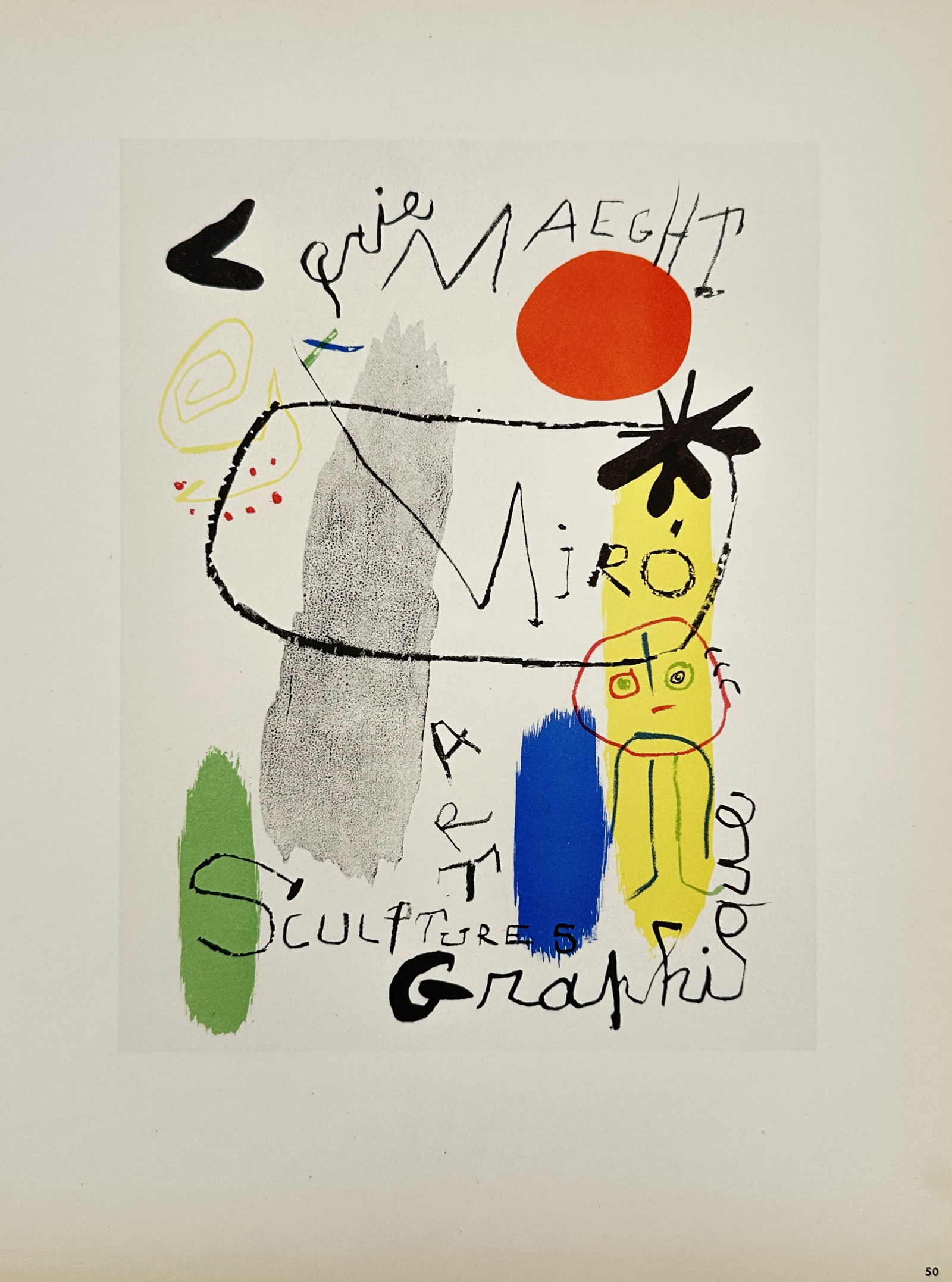 Joan Miró (1893–1983), after – Exhibition Poster for Galerie Maeght – Offset print (20th: Exhibition Poster for Galerie Maeght depicts abstract figures and shapes alongside text promoting an exhibition of sculptures and graphics. Joan Miró was a Spanish painter, sculptor, and ceramicist w