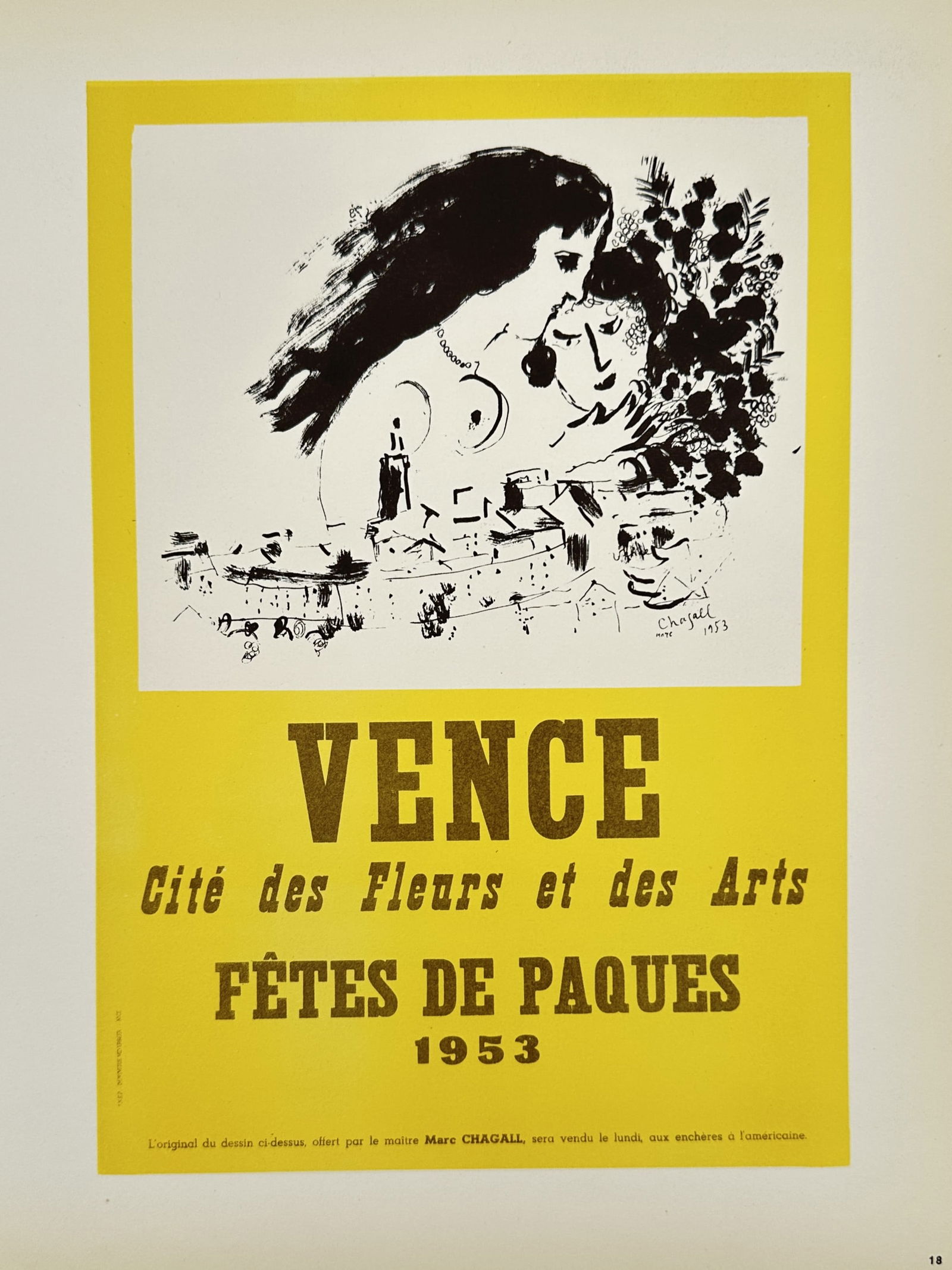Marc Chagall (1887–1985), after – Exhibition Poster for Vence Easter Festival – Offset print: "VENCE Cité des Fleurs et des Arts FÊTES DE PAQUES 1953" depicts a lyrical black and white drawing by Marc Chagall set against a bright yellow background, advertising the 1953 Easter festival in Ven