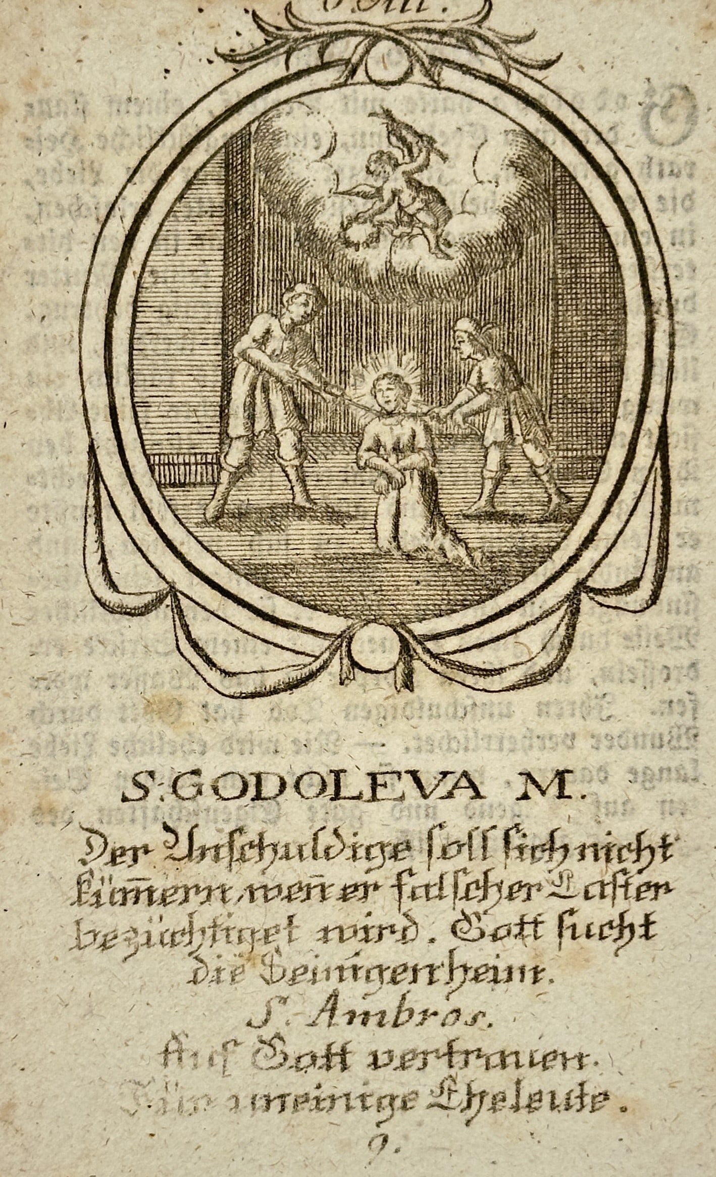 Franz Xavier Weninger (1805-1888) – Engraving of Saint Godoleva – Engraving (19th Century): S. Godoleva M. depicts the martyrdom of Saint Godoleva, showing her kneeling while surrounded by figures, with a celestial scene appearing above. This print originates from the collection The Legends