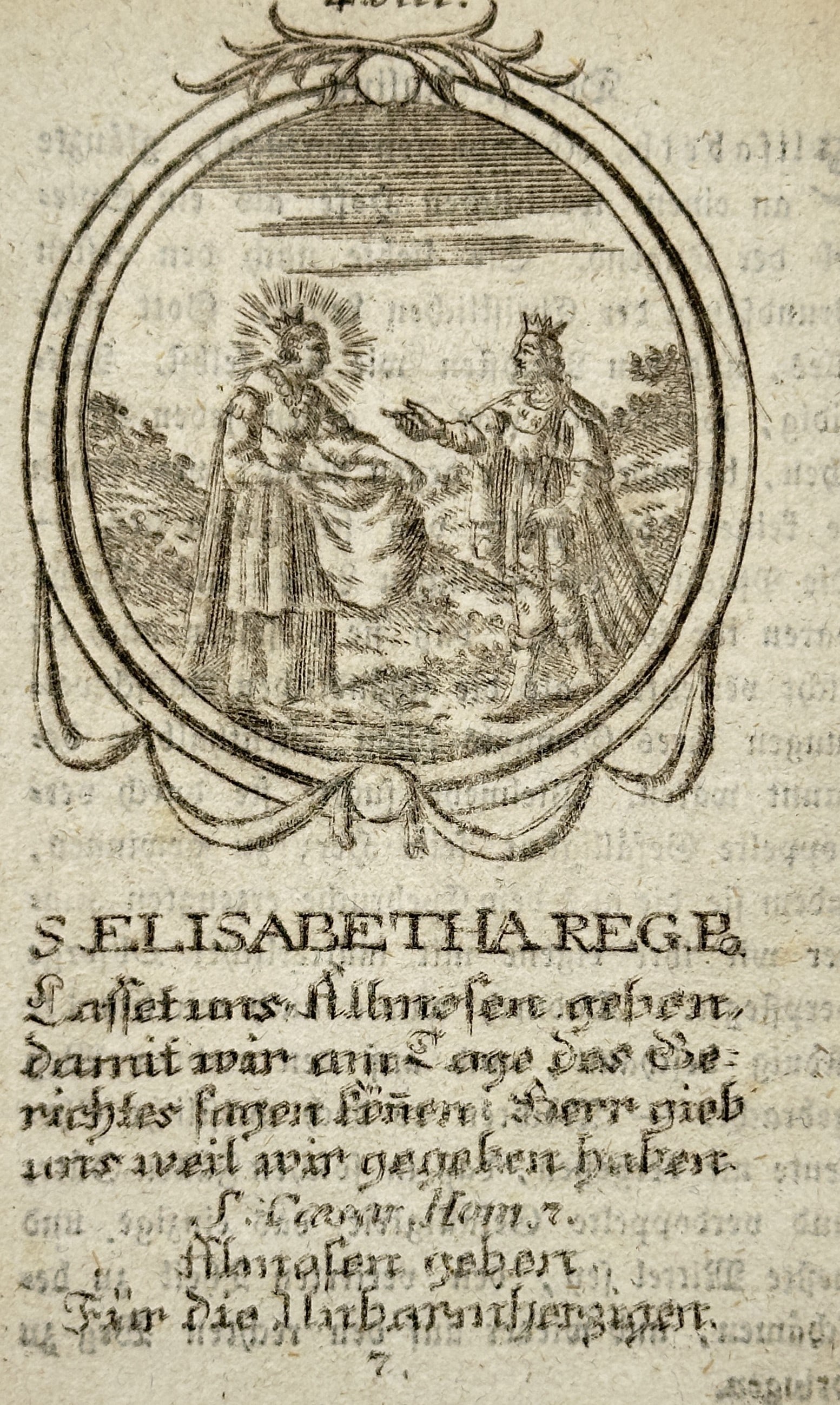 Franz Xavier Weninger (1805-1888) – Engraving of Saint Elizabeth Distributing Alms – Engraving: "S. Elisabetha Rege." depicts Saint Elizabeth of Hungary bestowing alms in a landscape setting. This print is a leaf from the devotional collection titled The Legends of the Saints as Daily Reading an