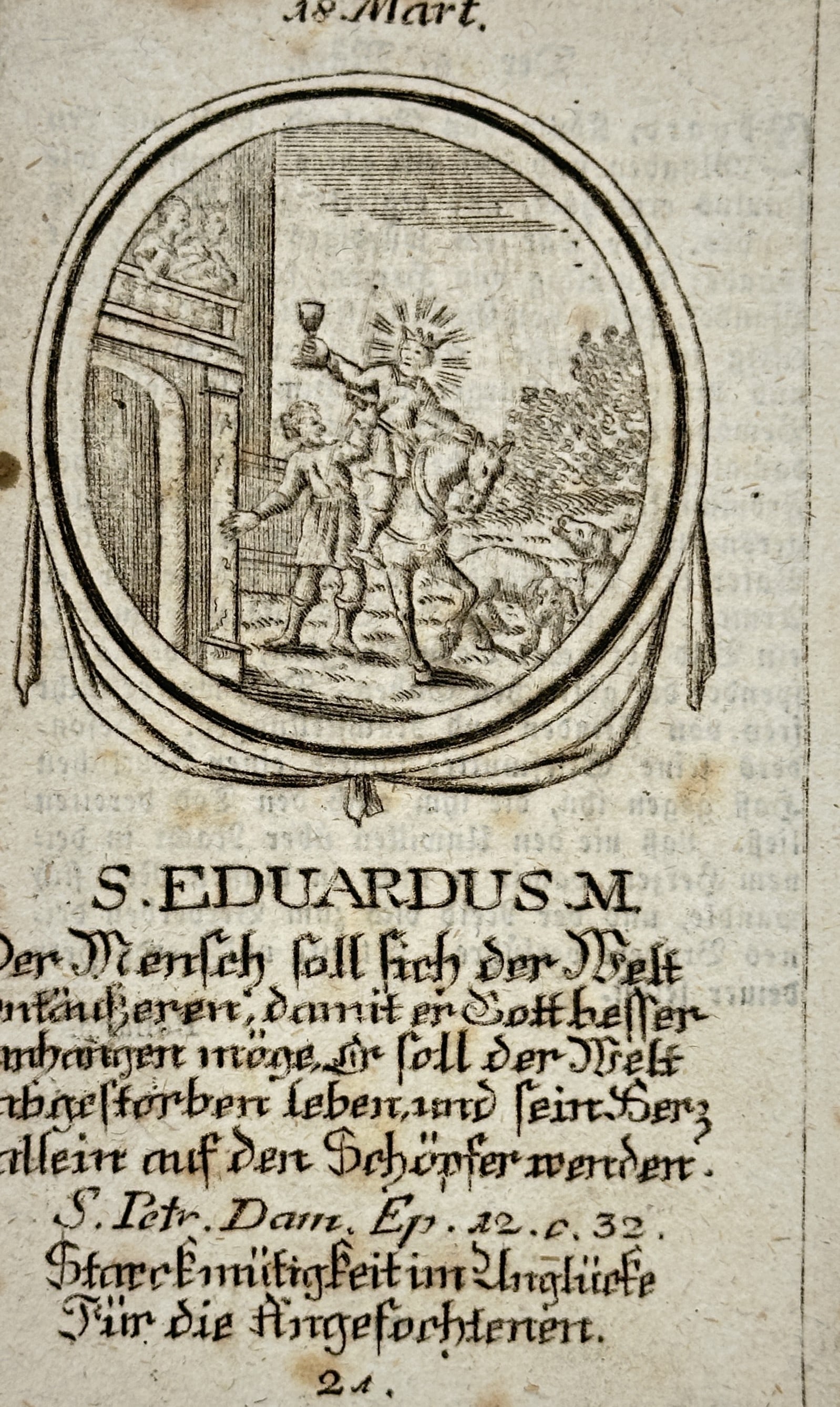 Franz Xavier Weninger (1805–1888) – Engraving of Saint Edward the Martyr – Engraving: S. EDUARDUS M. depicts Saint Edward the Martyr holding a chalice, mounted on horseback, near an architectural entrance. This print is a leaf from the devotional collection titled The Legends of the Sa