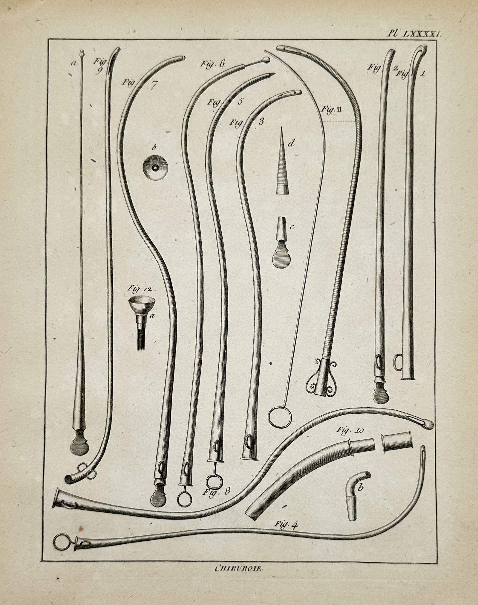 Denis Diderot (1713–1784) – Engraving of Surgical Instruments – Engraving (1751–1772): CHIRURGIE depicts a detailed technical arrangement of various surgical instruments, including probes, tubes, and medical tools used in clinical practice. This engraving originates from the plates sect