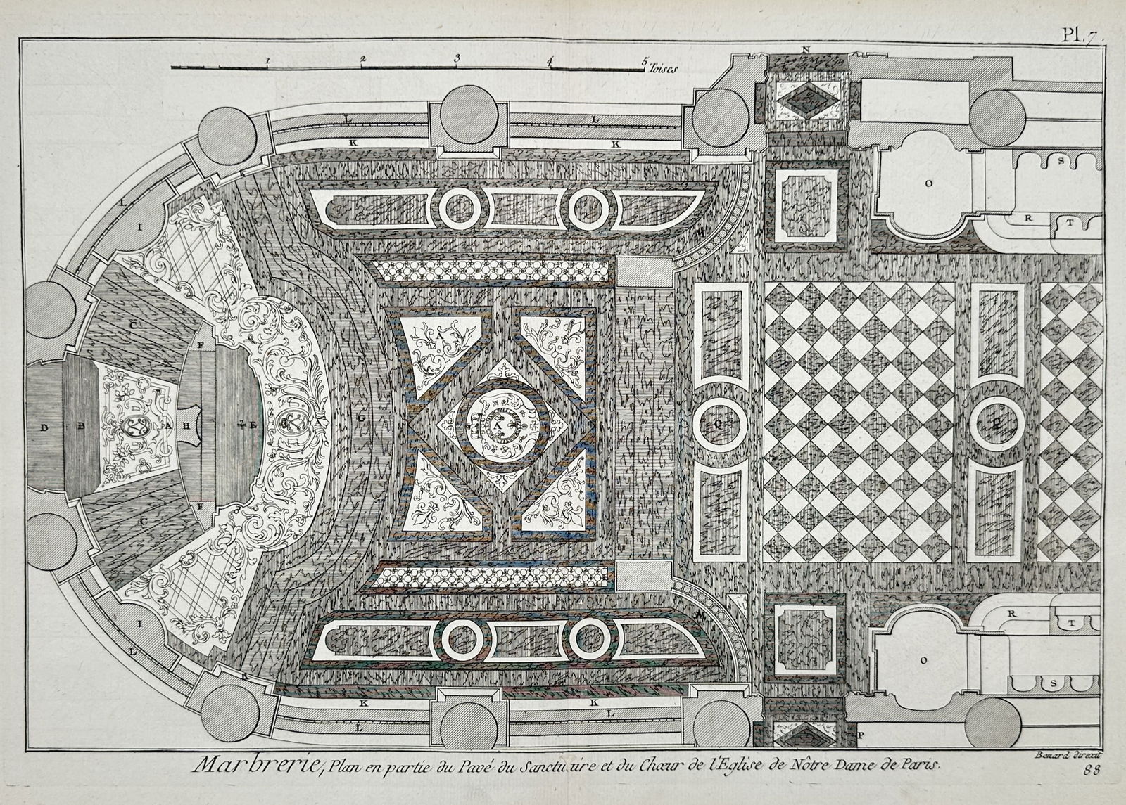 Robert Benard (1734-1777) – Floor Plan of the Marble Pavement in the Sanctuary and Choir of Notre: "Marbrerie, Plan en partie du Pavé du Sanctuaire et du Chœur de l'Église de Notre Dame de Paris" depicts the detailed architectural floor plan of the marble paving within the sanctuary and choir of