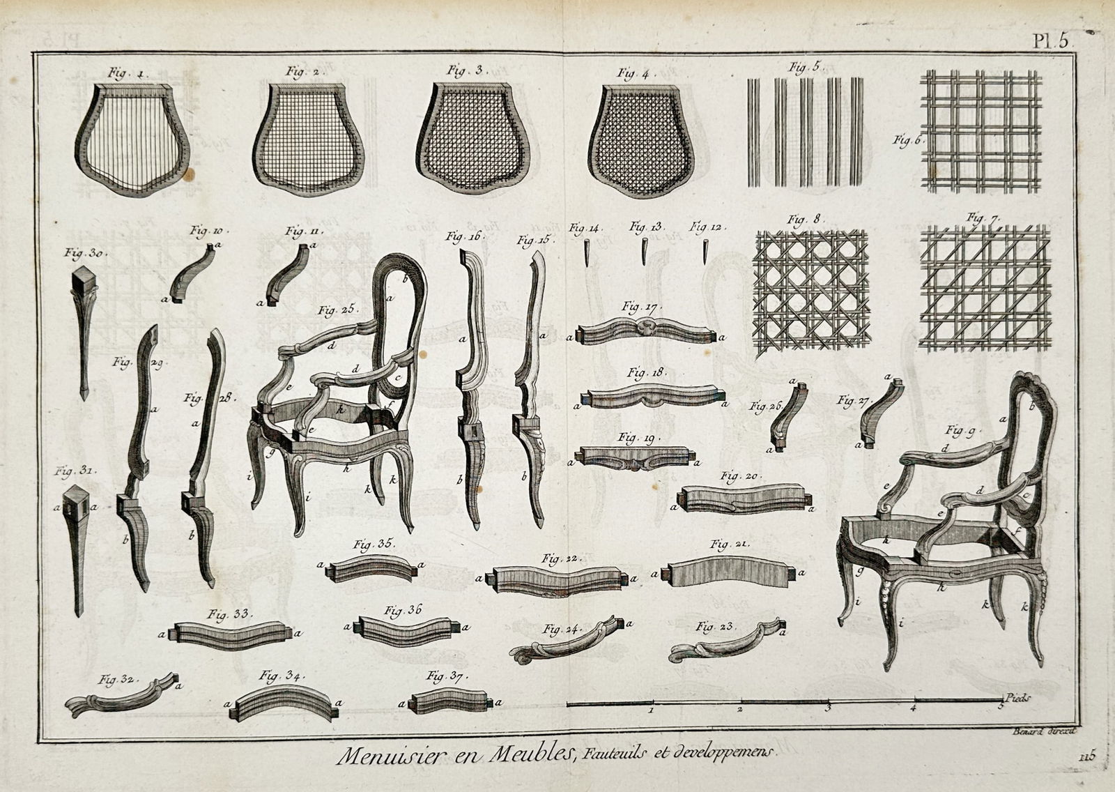 Robert Benard (1734-1777) – Engraving of Furniture Components and Armchair Design – Engraving (1 of 2)