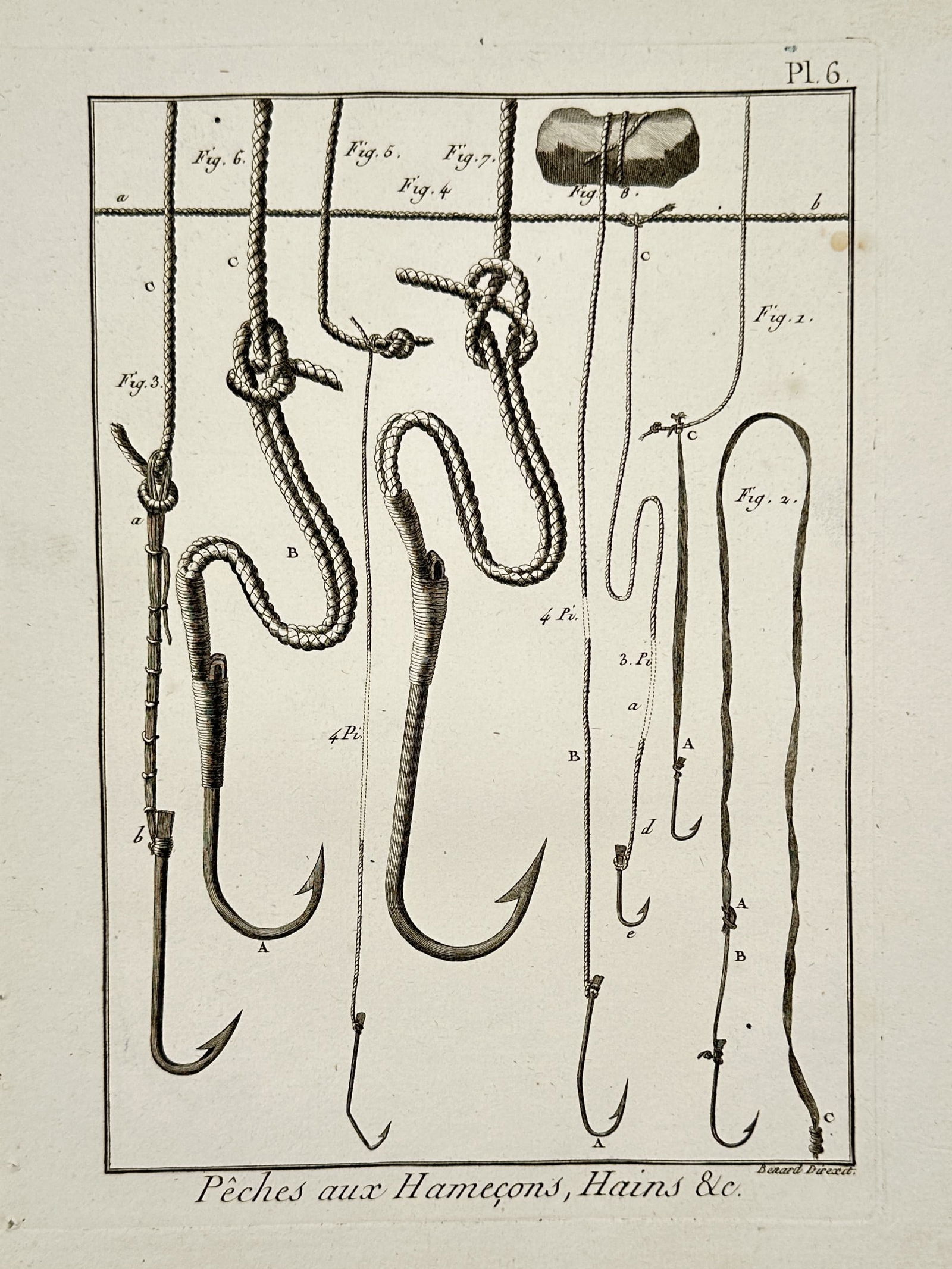 Robert Benard (1734-1777) – Fishing Hooks and Line Designs – Engraving (18th Century): "Peches aux Hamecons, Hains &c." depicts various designs for fishing hooks, lines, and knots. This engraving originates from the plates section of the Encyclopedie, ou dictionnaire raisonne des scienc
