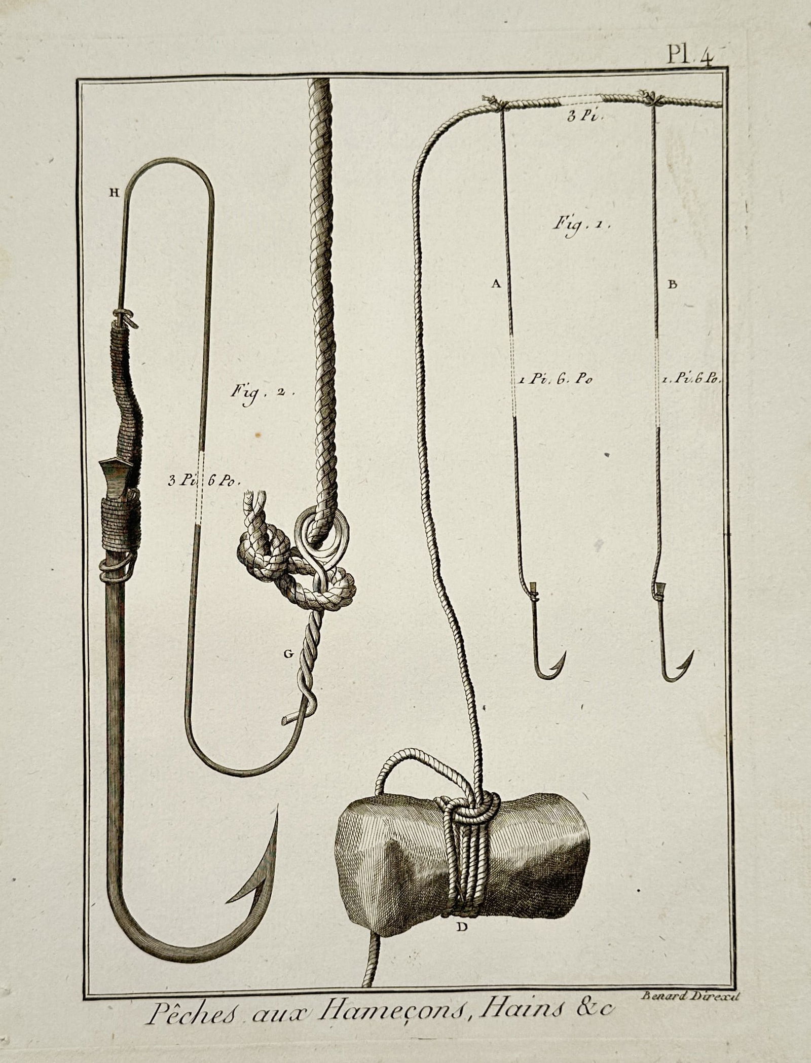 Robert Benard (1734-1777) – Fishing Hooks and Line Designs – Engraving (18th Century): "Pêches aux Hameçons, Hains &c." depicts various designs for fishing hooks, lines, and knots. This engraving originates from the plates section of the Encyclopédie, ou dictionnaire raisonné des sc