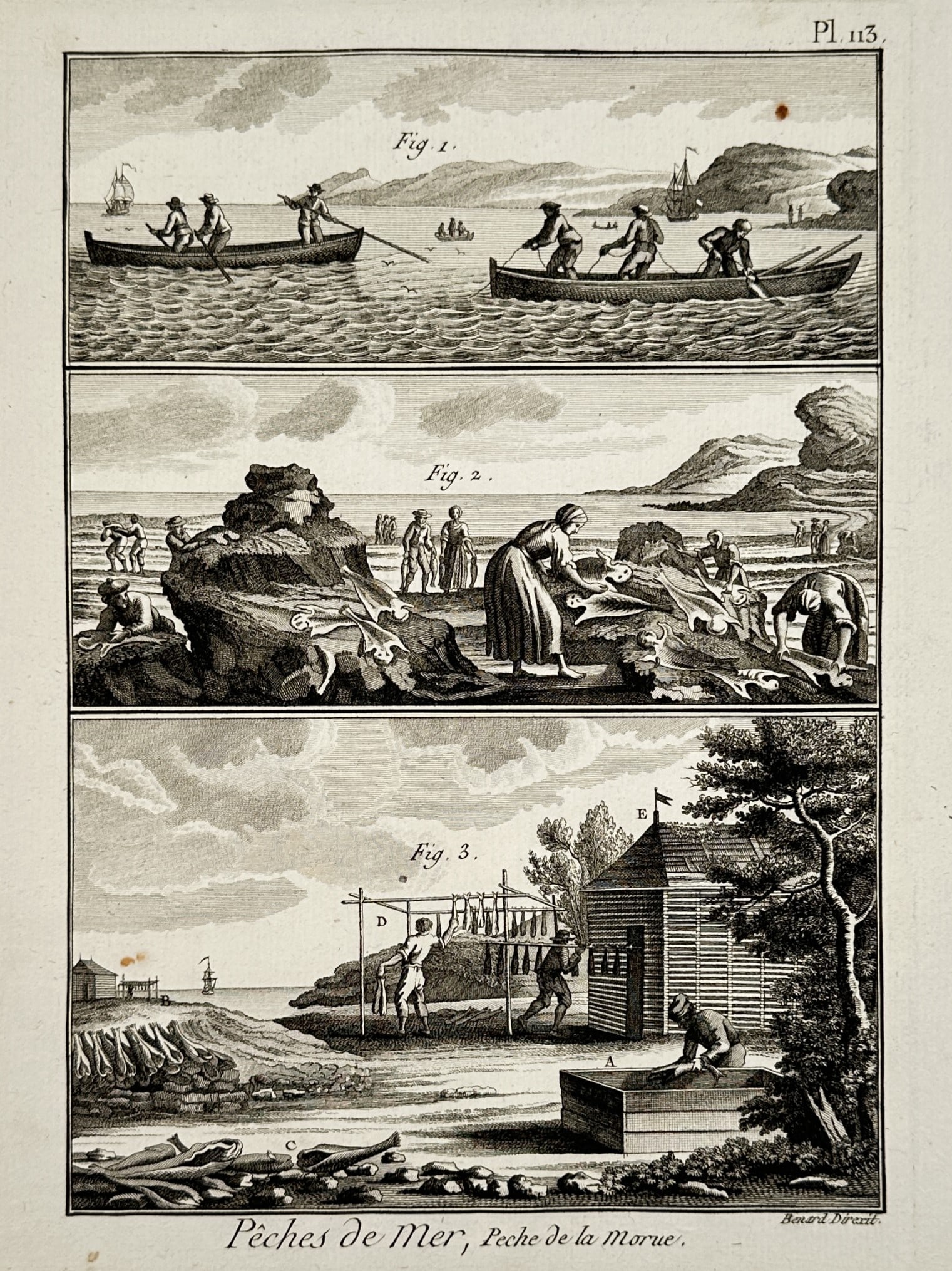 Robert Benard (1734-1777) – Fishing Boats and Cod Processing – Engraving (18th Century): "Pêches de Mer, Pêche de la Morue" depicts scenes of maritime cod fishing, including men in boats at sea, workers processing the catch on the shore, and the drying of fish at a coastal facility. Thi