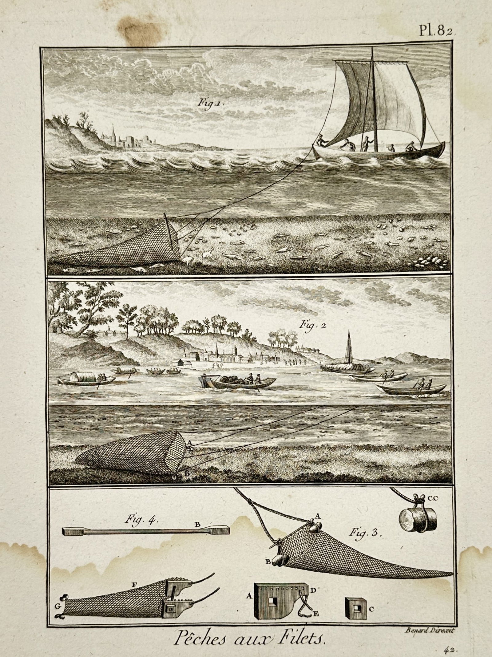 Robert Benard (1734-1777) – Technical Methods of Fishing with Nets – Engraving (18th Century): "Pêches aux Filets" depicts various maritime methods of fishing using nets, including a vessel dragging a net through the water, a coastal scene with multiple small craft, and technical diagrams of n