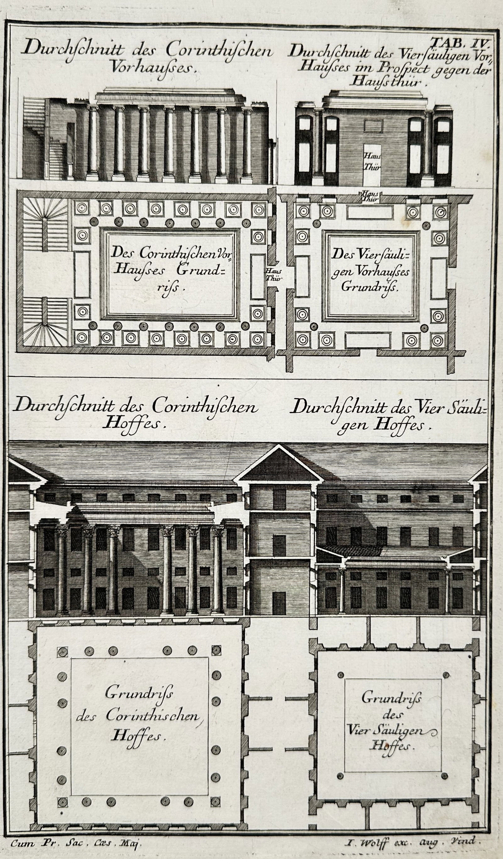 Leonhard Christoph Sturm – Architectural Sections and Floor Plans of Corinthian and Four-Columned: Durchschnitt des Corinthischen Vorhauses, Durchschnitt des Vierfäulgen Vor Haüses in Prospect gegen der Hausthür, Des Corinthischen Vor Haüses Grundriss, Des Vierfäulgen Vor Haüses Grundriss, Du